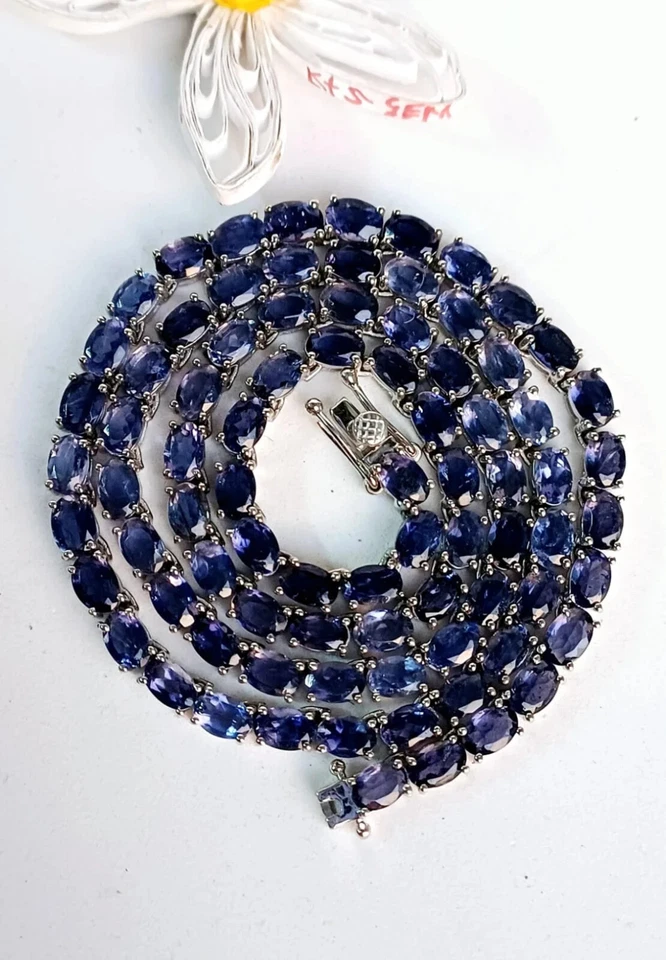 Collar Tenis Lujo 18" 26Ct Ovalado Creado Zafiro Oro Blanco 14K Sobre Mujer Foto 2 de 4