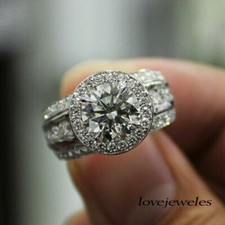 2CT Round Cut Lab Created Diamond Halo Engagement Wedding Ring 14K White Gold FN