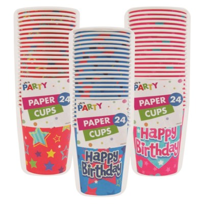 48 Party Papier Tassen Happy Birthday Farben Geschirr Catering (9oz) *VERKAUF* UK