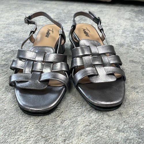 Trotters Luna Slingback Sandals Silver Metallic Woven Straps Block Heel Sz 9 - Picture 5 of 16