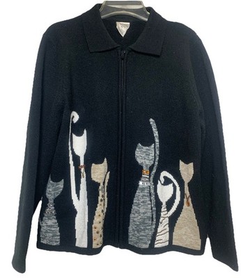 Allison Daley Cat s Cardigan Sweater PL Black Full Zip Beaded Acrylic Halloween
