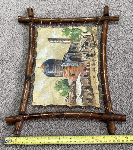 BEAUTIFUL MIDDLE EASTERN FRAMED/STRUNG OIL PAINTING ON LAMB SKIN SOUVENIR - Picture 9 of 24