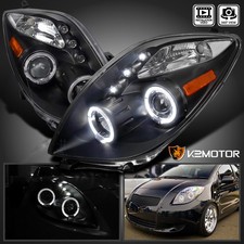 Black Fits 2006-2008 Toyota Yaris Hatchback LED Halo Projector Headlights Lamps