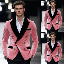 Pink Velvet Men Wedding Tuxedos Tailored Peaked Lapel Jacket With Golden Buttons