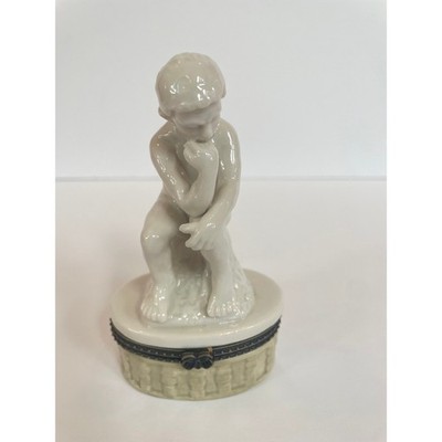 D.N. & E.I. Porcelain The Thinker Boy Figurine Trinket Box White with small boy