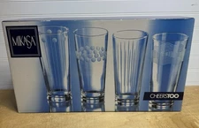 Mikasa Cheers Too Highball Etched Drinking Glasses Set Of 4 NEW In Box