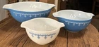 Vintage 3pc PYREX Snowflake Blue Garland Cinderella Mixing Bowls #441 #442 #444