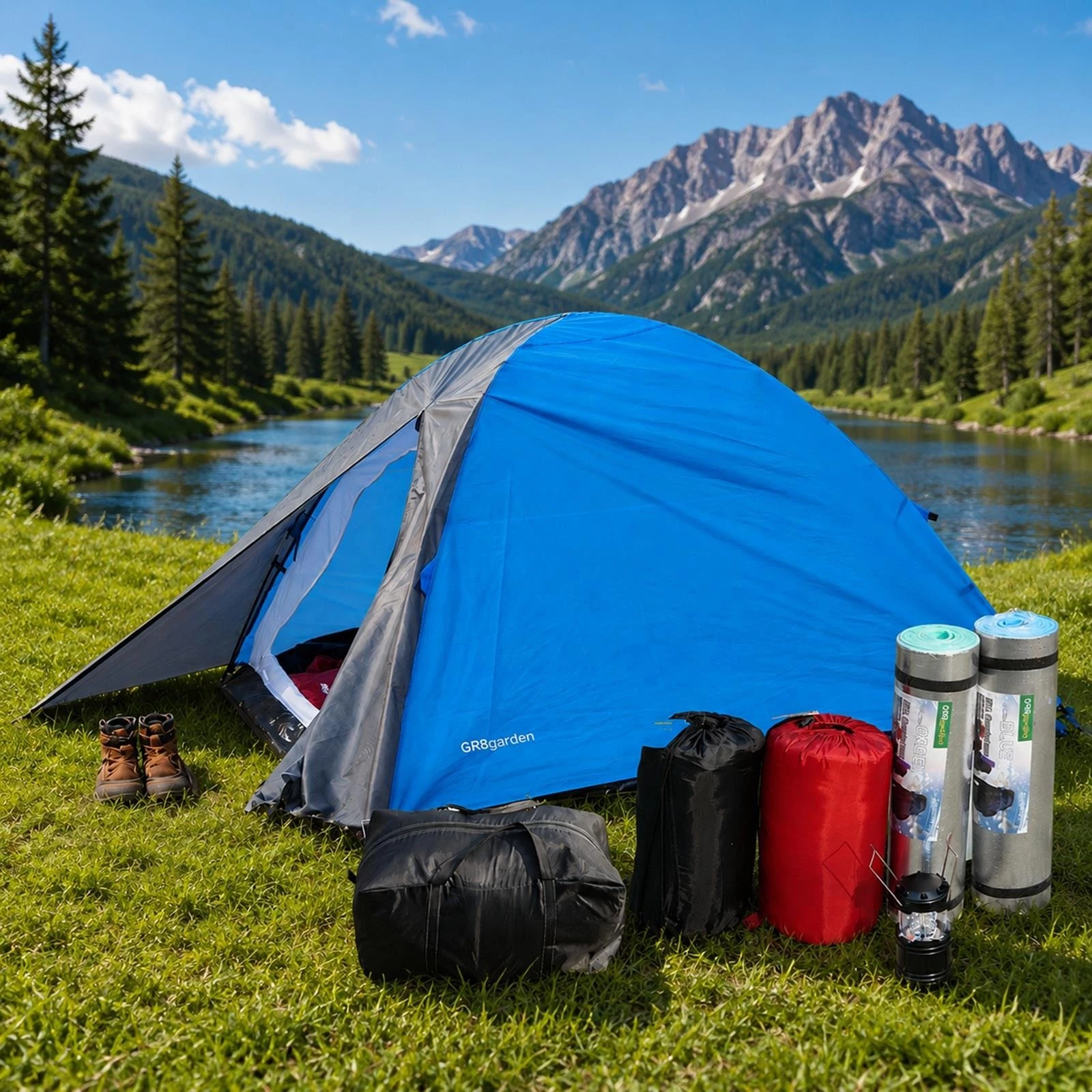 2 Person Camping Starter Set 2 x sleeping bags 2 x Mats 1 x Tent 1 x Lantern