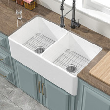 33" White Double Bowl Farmhouse Sink, Reversible Apron Front, Heavy-Duty