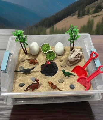Dinosaur Sandbox Toy Set with Sand, Figures, Eggs, Trees, and Shovels