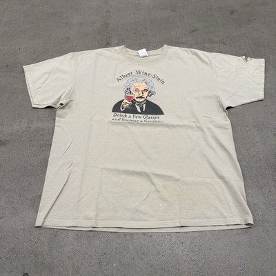 Vintage Y2K Albert Einstein ''Wine-Stein'' T-Shirt - XL Beige Funny Humor Wine