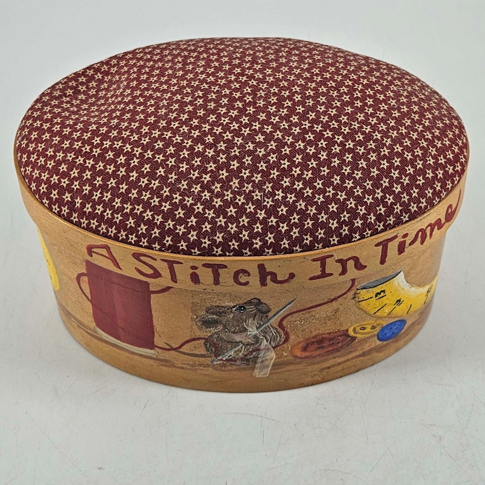 Vintage Woven hand painted mouse Sewing Basket Box A stitch in time saves nine