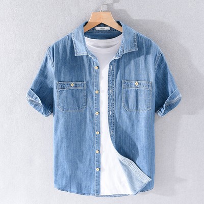 Summer Men's Casual Denim Short Sleeve Shirt Fashion Cotton Pure Basic T Shirt