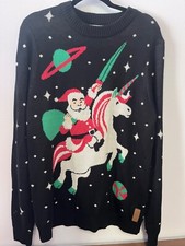 Tipsy Elves Men's Size L Black Crewneck Santa Unicorn Ugly Christmas Sweater