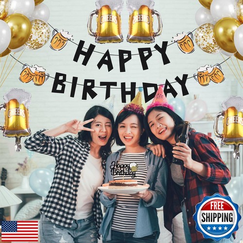 Black Happy Birthday Beer Banner Birthday Decoration with 1Piece Beer Cake To - Picture 3 of 4