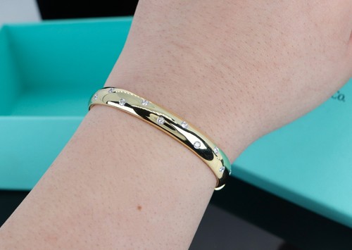 Tiffany & Co Etoile 18K Yellow Gold Platinum Bezel Diamond Wide Bangle Bracelet - Picture 3 of 11