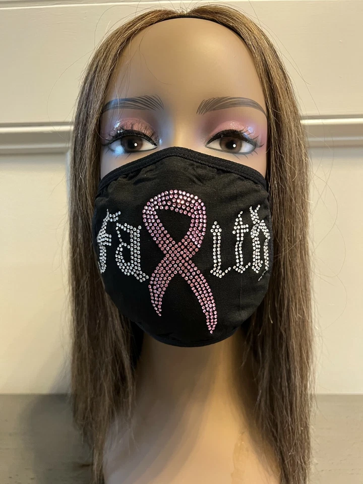Breast Cancer Awareness Pink Ribbon Bling Face Mask Rhinestone Foto 3 de 4