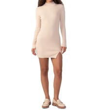 Sanctuary Women's Side-Slit Long-Sleeve Ribbed Knit Sweater Dress, Beige, Large