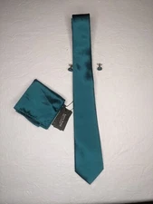 Barry Wang Men's Silk Teal Necktie Pocket Cufflink Set Class A NWT 150CM 