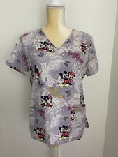 Disney Kissing Mickey  Minnie Mouse Womens Size XS Medical Vet Scrub Top Purple
