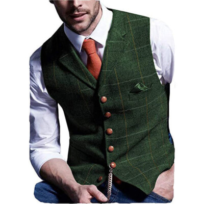 Green Mens Vest Tweed Waistcoat Notch Lapel Wool Herringbone