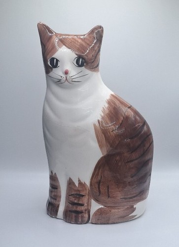 Brown/White Painted Glazed Ceramic Cat Money Coin Bank Taiwan 8.5in Height