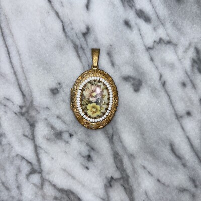 Vintage Miriam Haskell Signed Pendant w/ Painted Flowers & Beaded Decoration