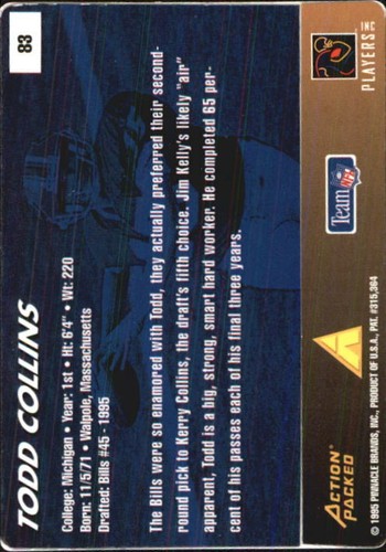 1995 Action Packed Rookies/Stars Football Card #83 Collins Rookie - Picture 2 of 2