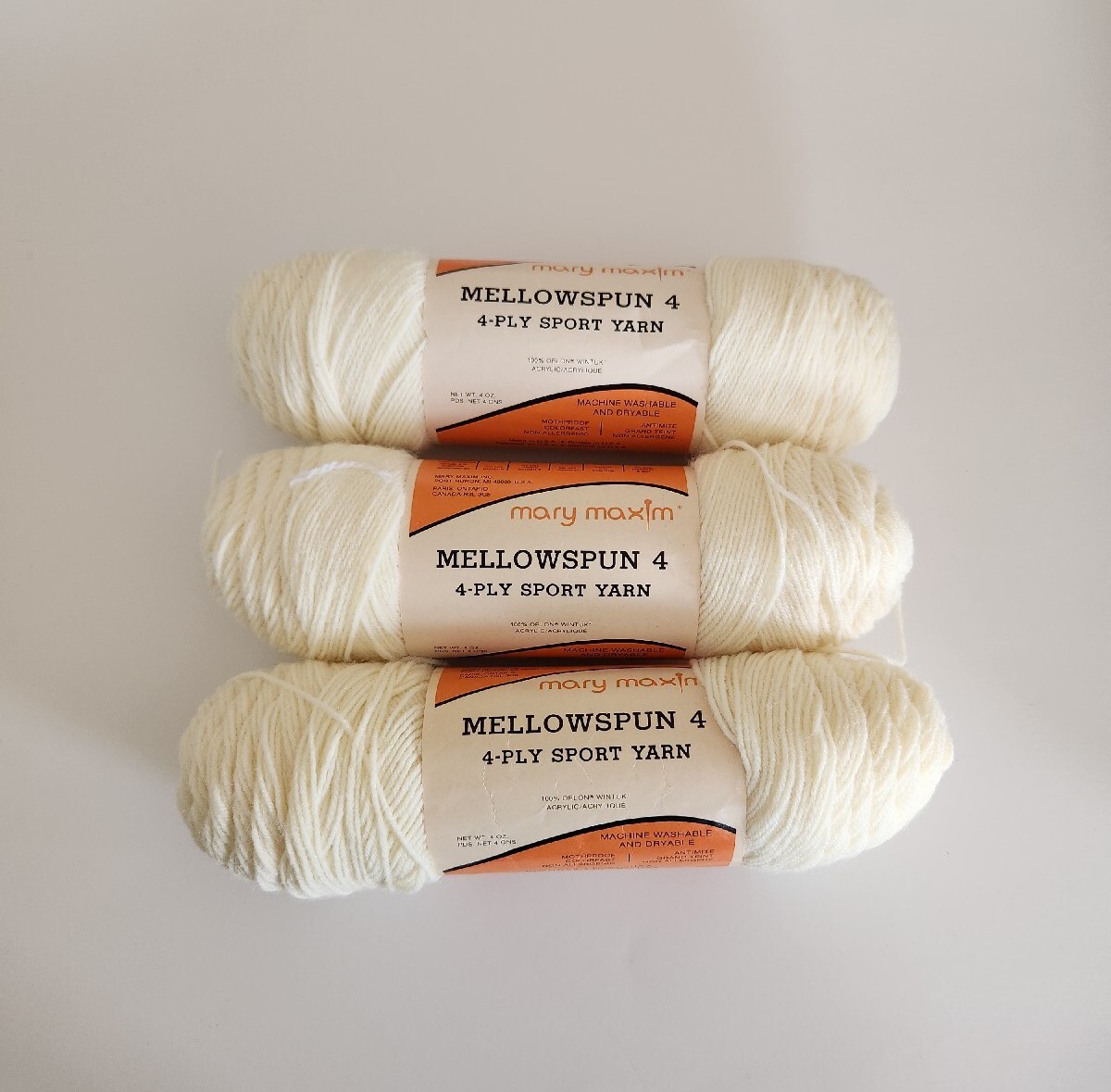3 Skeins ~ Mary Maxim Mellowspun yarn ~ 4 ply Sport Yarn 100%Orlon