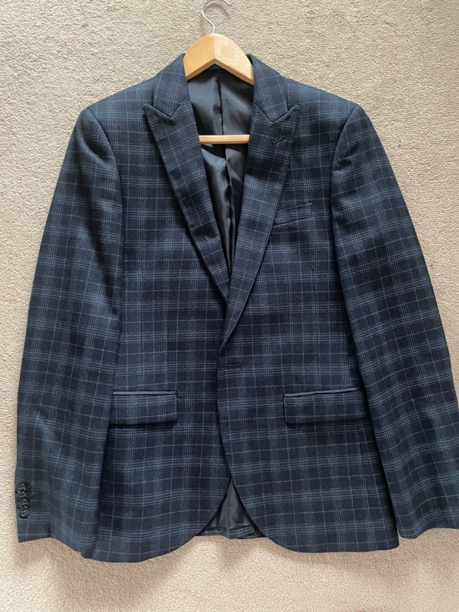 Moss bros navy check suit sales