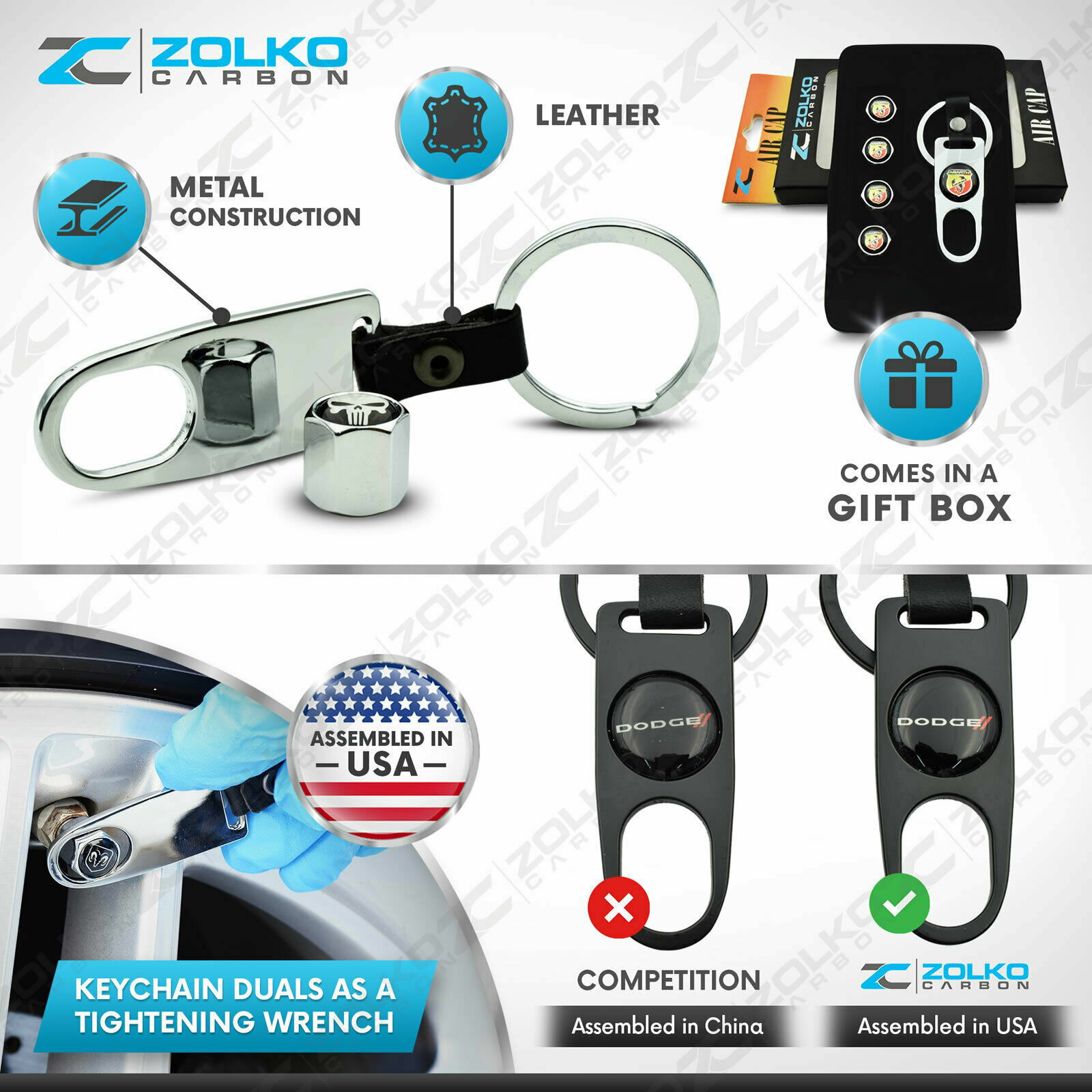 VALVE STEM CAPS + KEYCHAIN WHEEL TIRE BLACK - US SELLER