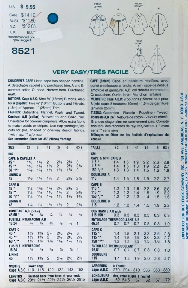 Vogue Pattern 8521 | Toddlers Cape, Capelet & Hood | Sizes 2 3 4 - Image 3 of 3