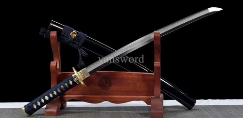 T10 Clay Tempered Abrasive Japanese Wakizashi Brass OX Horn Sheath Sword FullTan - Picture 3 of 10