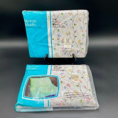 NOS VTG JC Penney Floral Muslin Full Flat & Fitted Sheets Pink Yellow Blue