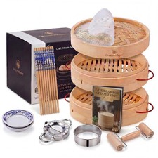 10 Inch Steamer Set, 2 Tier Dumpling Steamer Basket – For Cooking Bao Buns, D...
