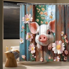 Funny Pig Shower Curtain Cute Farm Animal Pink Daisy Floral Leaves Rustic