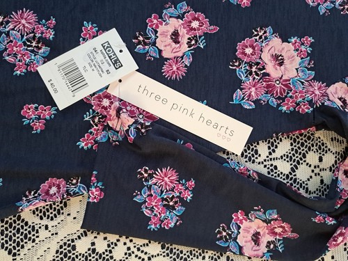 Three Pink Hearts Dress M Navy Floral Pop Over Asymmetrical Hem Strappy Boho - Picture 6 of 13