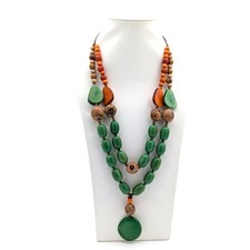 VTG Tagua Nut Green Tan Orange Bead Two Strand Dangle Corded Handmade Necklace