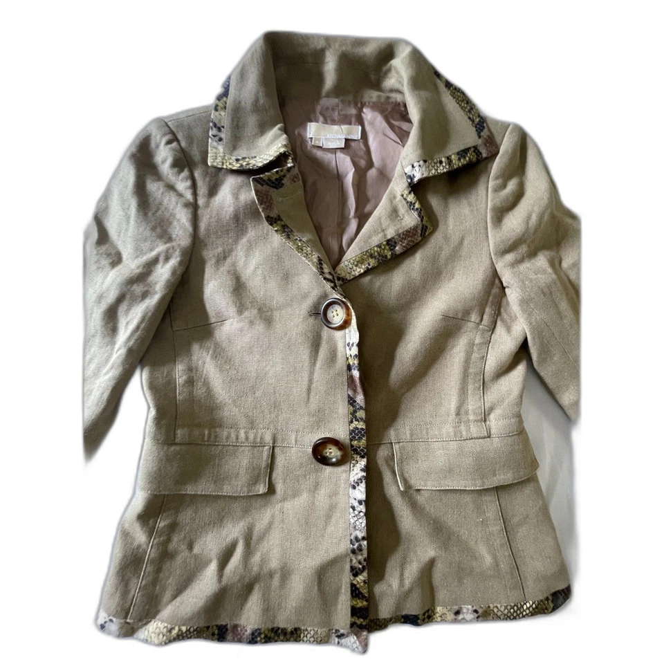 Michael Kors Jacket Women's Size 6 Tan Snake Trim 2 Button Blazer Linen Career - Image 2 of 4