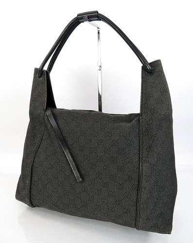 Authentic GUCCI Black GG Canvas and Leather Hobo Shoulder Bag Purse #64377