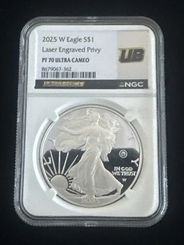 2025-W Proof American Silver Eagle Laser Privy PF70 Ultra Cameo NGC UB X5