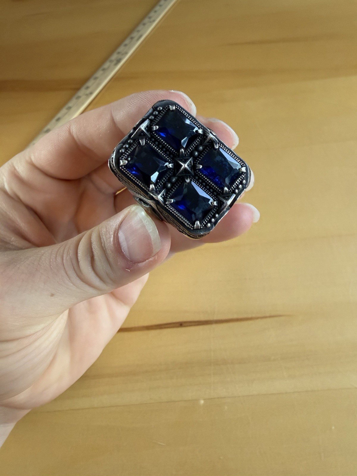 Large Statement Sterling Silver Ring W/ 4 Large B… - image 1