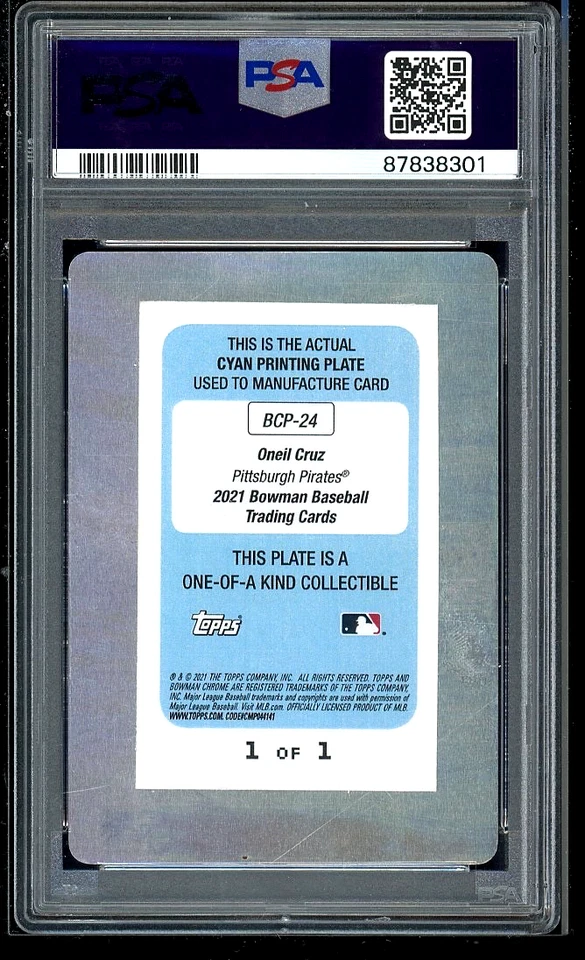 Oneil Cruz 2021 Bowman Chrome 1/1 Cyan Printing Plate RC Rookie #BCP24 PSA AUTH - Image 2 of 2