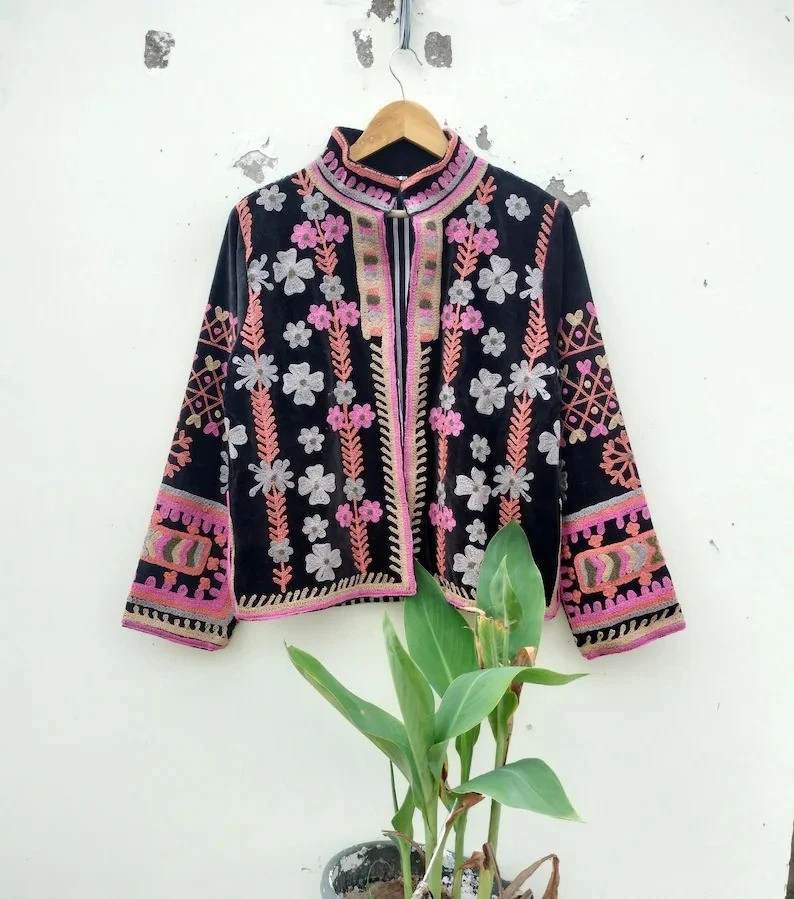 Indian Handmade Black Suzani Floral Cotton Unisex Jacket Womens Clothing Jacket