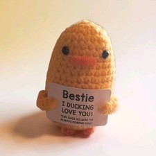 Handmade Crochet Mini Duck Plush Holding Sign "Bestie I Ducking Love You"