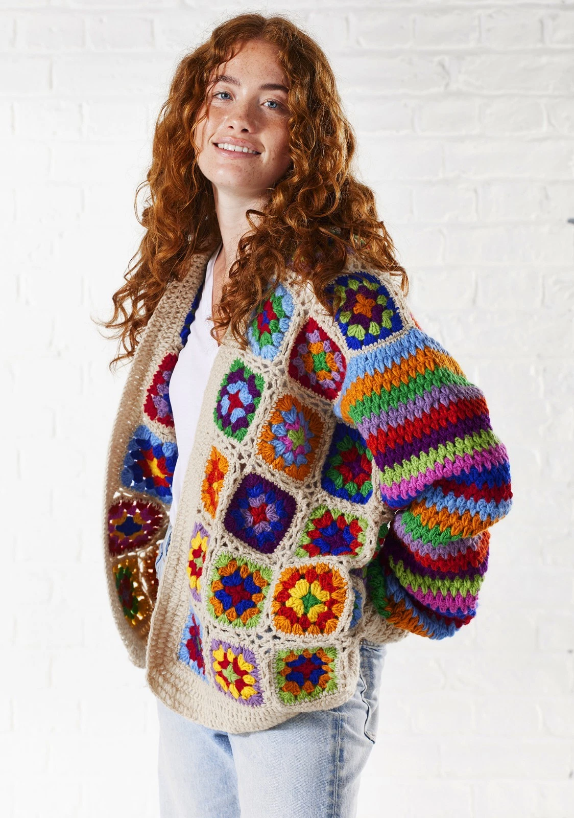 Fairtrade Wool Granny Square Crochet Knit Cardigan Handmade Cream