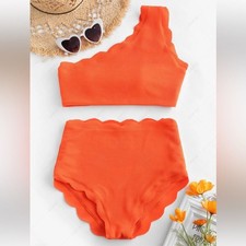 Zaful Orange textured high waisted scalloped 1 shoulder Bikini Large-6 NWOT