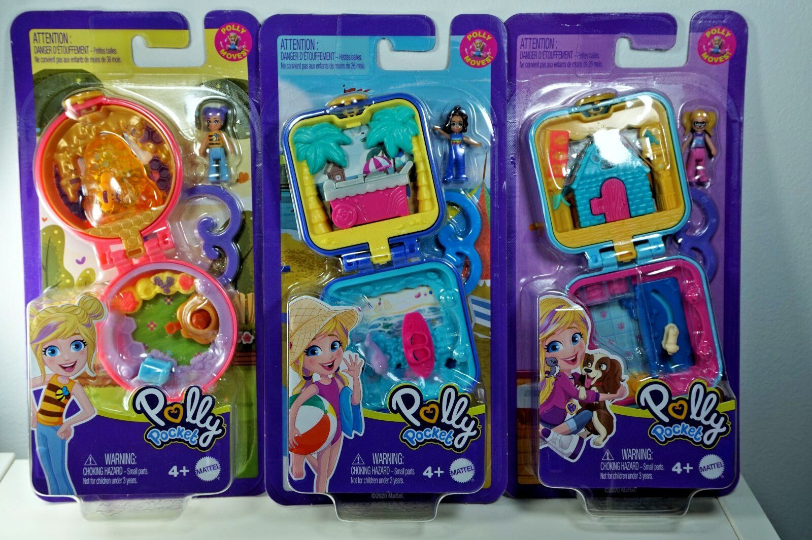 Polly Pocket Mini Play Sets - Tiny Compact Pets Dolphin, Dog & Bees 3 X Sets NEW