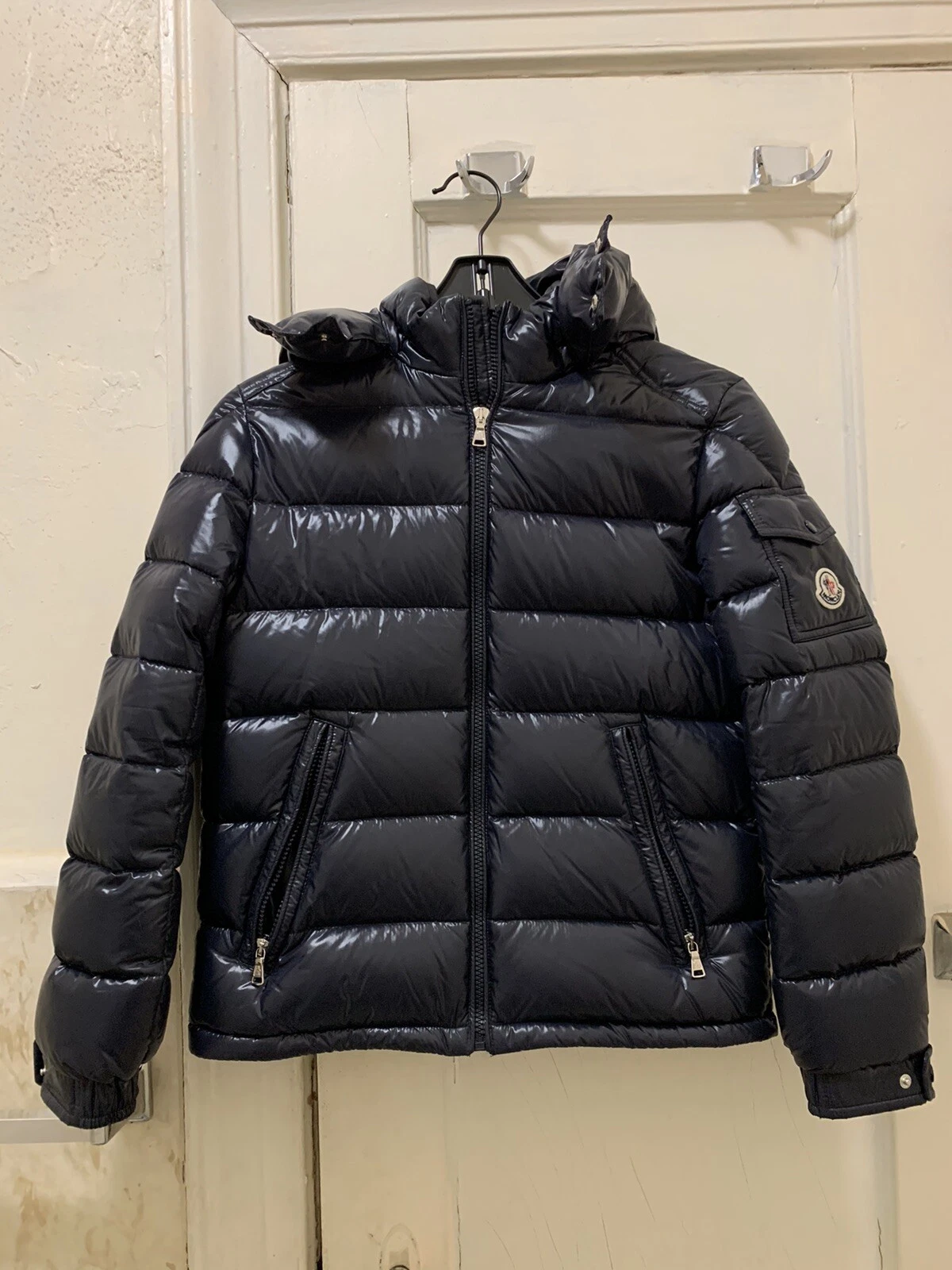 Moncler blu navy unisex lucido Maya puffer jacket grande bambino 12 anni donna XS