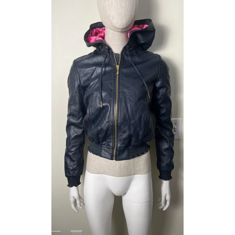 CHAQUETA CON CAPUCHA JUICY COUTURE PIEL DE CORDERO AZUL MARINO S Foto 3 de 4